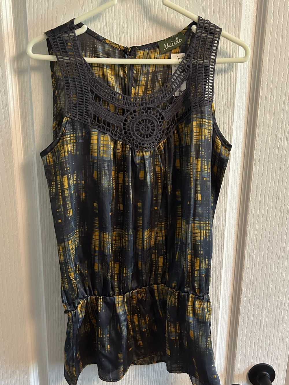 Maude Crochet Yoke Tank in Gray and Mustard Plaid